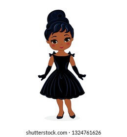 Beautiful retro woman, In little black dress with a gloves. Vector set of icons for retro party.