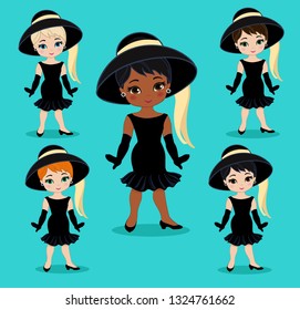 Beautiful retro woman, In little black dress with a gloves. Vector set of icons for retro party.