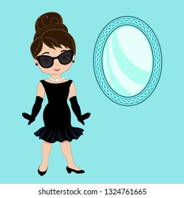 Beautiful retro woman, In little black dress with a gloves. Vector set of icons for retro party.