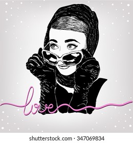 Beautiful retro woman, vector. Copy space. In little black dress with a sun glasses and gloves.