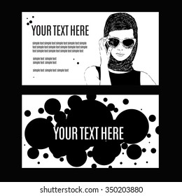 Beautiful retro woman, vector. Copy space. In little black dress with a sun glasses.