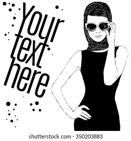 Beautiful retro woman, vector. Copy space. In little black dress with a sun glasses.