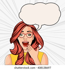 Beautiful retro woman wearing glasses talking. Vintage art.