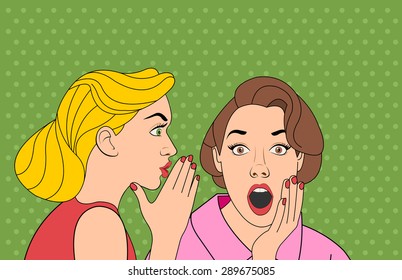 Beautiful Retro Woman Whispering A Gossip To Her Surprised Friend. Vintage Art.