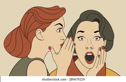 Beautiful Retro Woman Whispering A Gossip To Her Surprised Friend. Vintage Art.