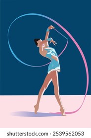 Gimnasta rítmica hermosa que actúa con la cinta en сalfombra que lleva el leotardo azul. Ilustración deportiva de Vector 