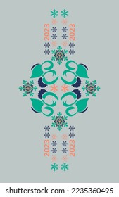 Beautiful rhythmic pattern of stylized rabbits and snowflakes. Christmas composition in trendy colors of 2023. Chinese new year 2023 year of the rabbit