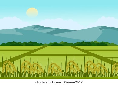 Schöne Reis- und Paddy-Felder-Landschaft mit Bergen Vektorgrafik. Die Aussicht auf ein ruhiges Dorf. 