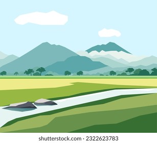 Beautiful ricefield landscape with mountains and river vector illustration
