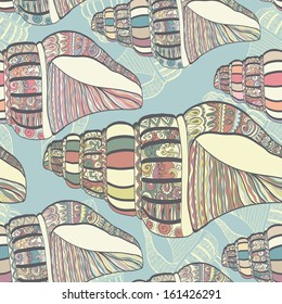 Beautiful and rich detailed seashells seamless pattern. Perfect texture for your  design. Cute fully editable illustration drawn in vector by hand. 