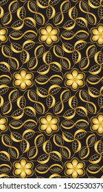 beautiful rich and elegant golden flowers and interconnected leaves over black in a seamless pattern tile. for backgrounds, cards, posters, banners, textile, fabric and festive surface designs. 