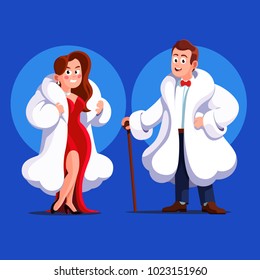 Beautiful and rich man and woman stand posing wearing expensive white animal fur coats dressed in evening dress & bowtie. VIP celebrities ready for party. Flat vector character isolated illustration.