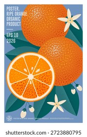 Hermosas naranjas maduras, mitad de fruta, hojas y flores. Póster con efecto de ruido. Frutas maduras en el naranjo.