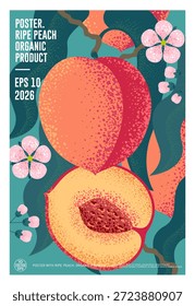 Hermoso melocotón maduro, mitad de fruta, hojas y flores. Póster con efecto de ruido. Frutas maduras en un árbol de melocotón.