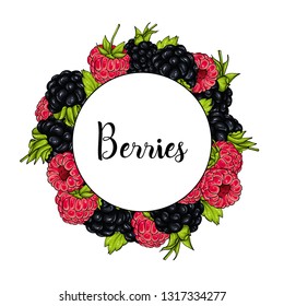 Beautiful ripe raspberry and blackberry. Vector illustration. Berries and fruits, summer. Wreath.