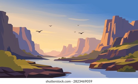 Beautiful River Canyon Flat Vector Landscape At Sunrise With Steep Rocky Cliffs