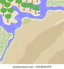 Beautiful river flowing across different areas like forest, grassland and desert