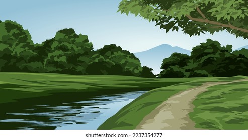 Beautiful river and forest scenery. Vector nature landscape