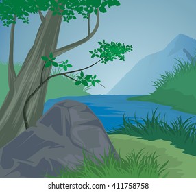 Beautiful river and mountain forest,vector nature landscape background