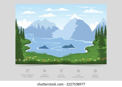 Beautiful river side nature scene flat illustration landscape design background template vector