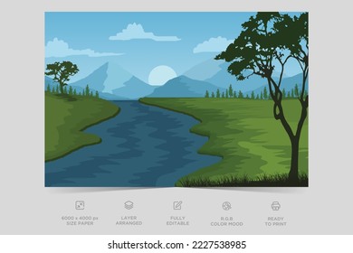 Beautiful river side nature scene flat illustration landscape design background template vector