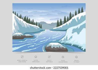 Beautiful river side nature scene flat illustration landscape design background template vector