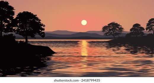 Beautiful river sunrise landscape illustration