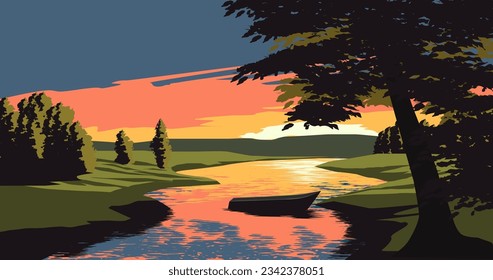 Beautiful river sunset landscape with an empty boat in the river