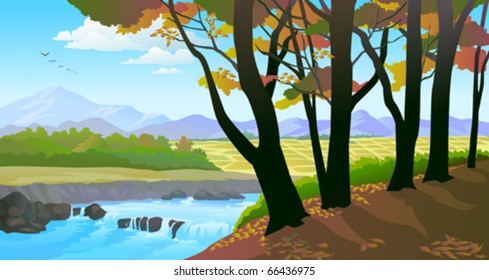 Beautiful riverside  trees and field view