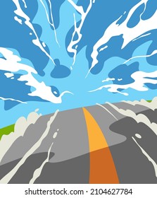 Beautiful road going into the distance against the backdrop of clouds. Hand drawn cartoon vector illustration. 