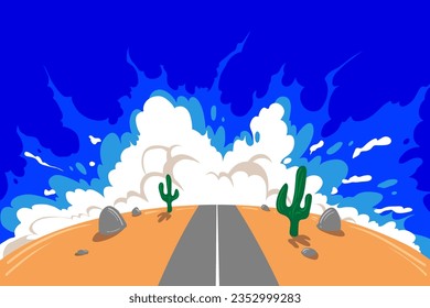 Beautiful road going into the distance against the backdrop of clouds  and cacti on the side of the road. Hand drawn cartoon vector illustration. 