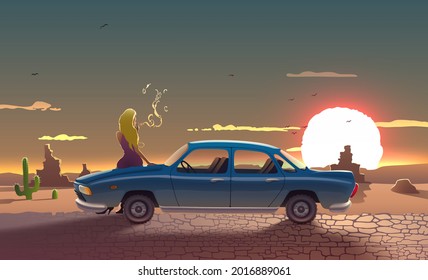 Beautiful road landscape with retro car, smoking driver woman among the Arizona desert with shiny sunset, mountains, stones and cactuses. Cute girl admires the sun over the road. Evening travel.