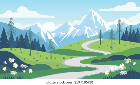 Beautiful road to the mountains vector landscape illustration. Stunning mountain landscape with green meadows, trees, forest, flowers and path. Hiking and traveling concept in the mountains.