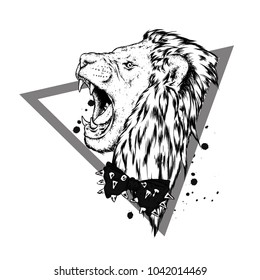 A beautiful roaring lion. Portrait of a lion in profile. vector illustration. Wild animal, predator.
