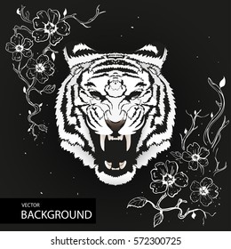Beautiful  roaring tiger. Detailed . blue background . Abstract .Natural eyes.