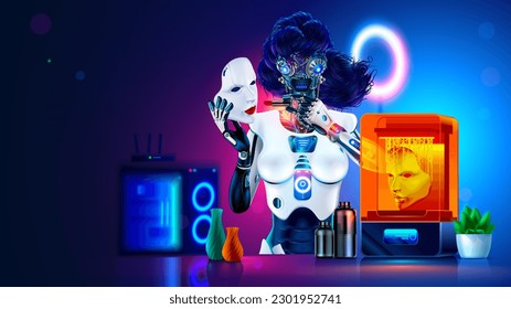 Beautiful robot woman with AI in wig paints her lips with lipstick, makes makeup. Scary mechanical robot disguises itself as human with help 3d printer. Terrible face of robot hidden under human mask.