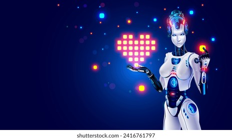 Hermosa robot mujer sostiene en su mano un píxel símbolo del corazón de amor. Cartel de San Valentín al estilo de la IA, tecnología digital. Redes neuronales, inteligencia artificial con icono cardíaco. Vector.