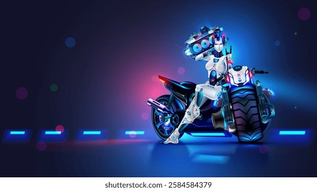 Beautiful robot woman with music recorder sits on motorcycle. Female cyborg motorcyclist in cyberpunk style sits on future motorcycle and listens to cyberpunk music. Poster cyborg girl on motorcycle.