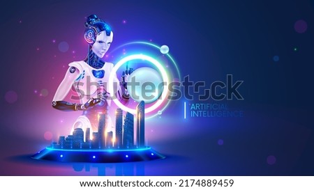 Beautiful Robot woman standing at the interactive table with hologram of smart city. Cyborg work with virtual abstract spherical interface. AI or artificial intelligence controls systems of smart city 商業照片 © 