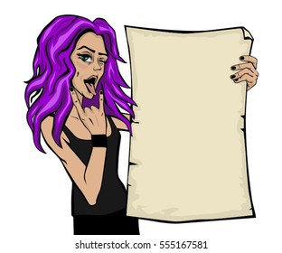 Beautiful rock girl with purple hair hold old paper price list menu, wink, show sign of the horns vector illustration isolated on white background