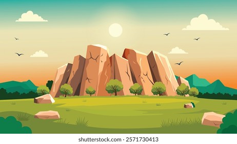 Beautiful Rocky Cliff Nature Panorama Landscape in Wilderness with Sun in the Morning