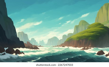 Beautiful Rocky Seascape with Beach Sand during Cloudy Sky Before The Storm Detailed Hand Drawn Painting Illustration