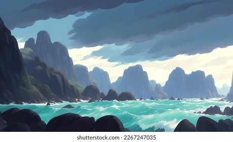 Beautiful Rocky Seascape with Beach Sand during Cloudy Sky Before The Storm Detailed Hand Drawn Painting Illustration