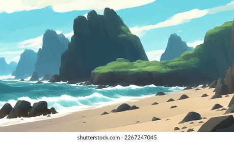 Beautiful Rocky Seascape with Beach Sand Detailed Hand Drawn Painting Illustration