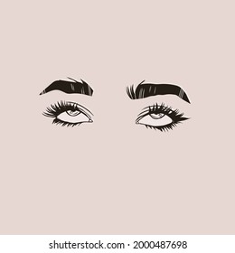 Beautiful rolled up female Eyes with long Eyelashes and eyebrows. Close up passionate fashion look. Hand drawn Vector illustration. Brow bar, beauty salon concept. Logo, poster or print template