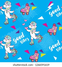 Beautiful roller unicorn holding a heart and inscription good vibes on a blue background seamless pattern