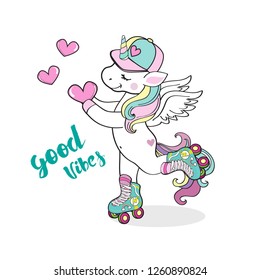 Beautiful rollerblading unicorn holding a heart and inscription good vibes on a white background