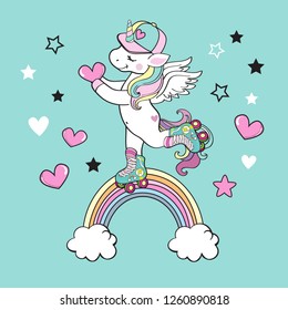 Beautiful rollerblading unicorn on a rainbow holding a heart on a blue background