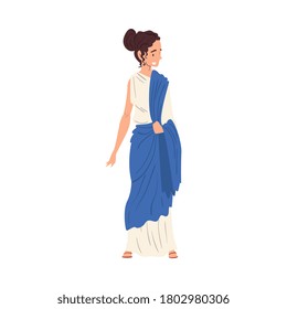 Beautiful Roman Woman in Traditional Clothes, Ancient Rome Citizen Character in White and Blue Tunic And Sandals Vector Illustration