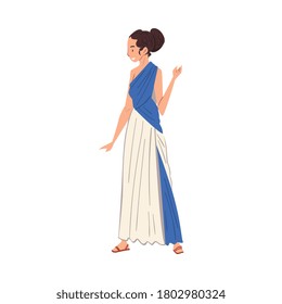 Hermosa mujer romana vestida con ropa tradicional, antiguo personaje ciudadano romano en la ilustración de los vectores Tunic y Sandals